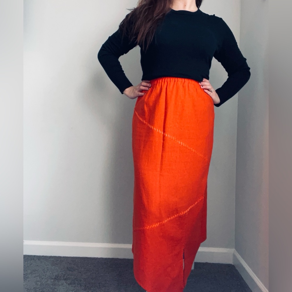Selene Sport Linen Blend Distressed Hem Slit Skirt Orange